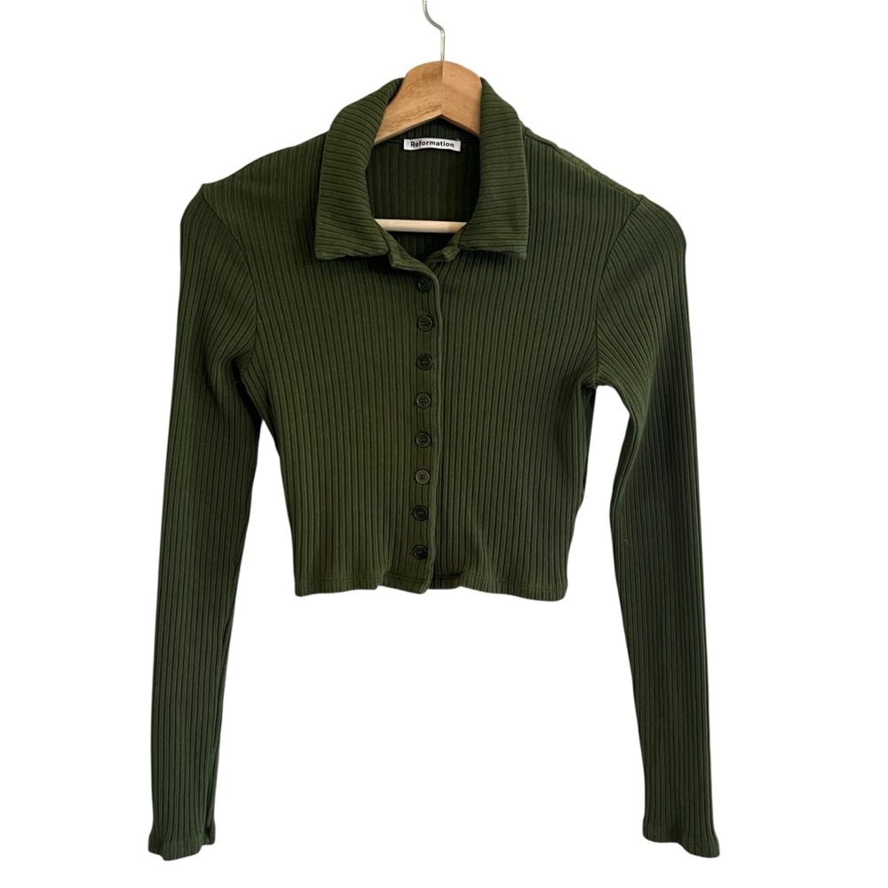 Reformation Ribbed Olive Green Cropped Cardigan